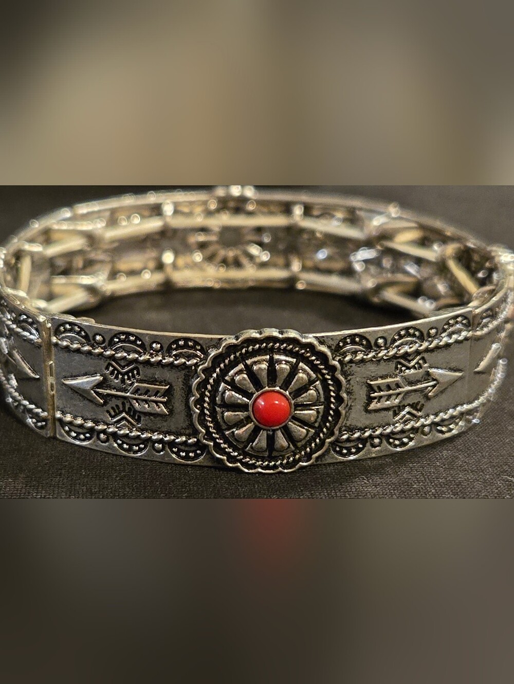 Sterling-Tone Arrow Concho Bracelet with Red Accent